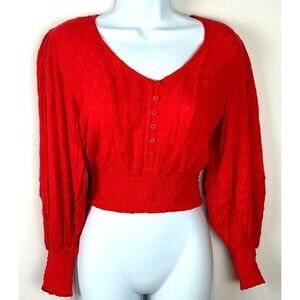 BOG Collective Red V Neck Lantern Sleeve Crop Blouse Shirt Size XS NWT